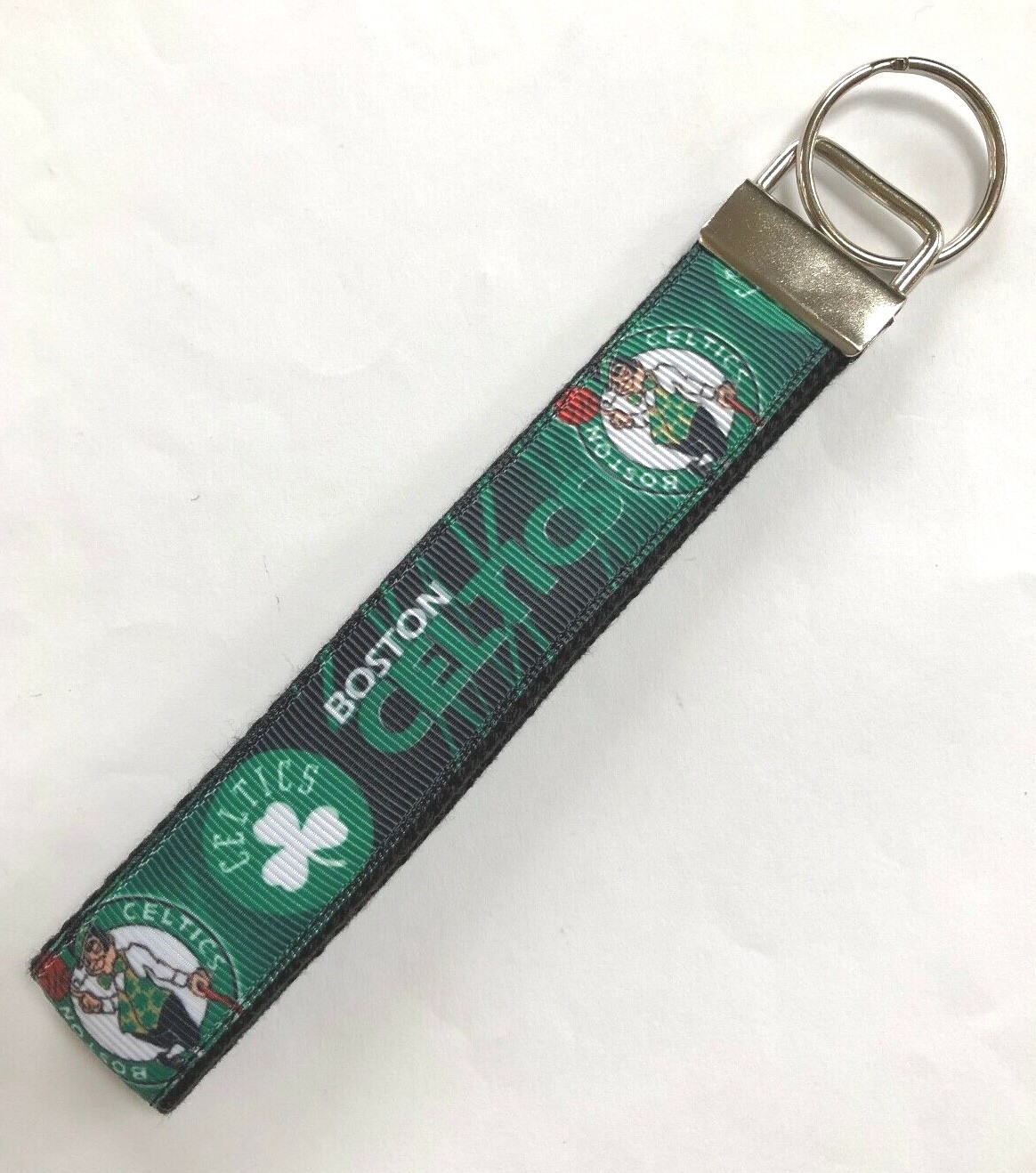 HANDMADE KEY FOB DECORATED w/BOSTON CELTICS RIBBON, Wrist Lanyard, Black, Green