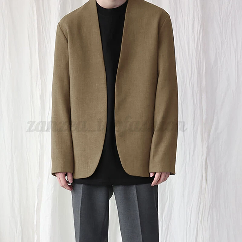 Cardigã Henley Blazer Masculino Manga Longa Sem Gola Frente Aberta Casaco Fino Jaqueta - Imagem 2 de 4