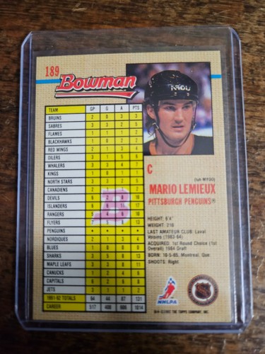 1992-93 BOWMAN #189 MARIO LEMIEUX PITTSBURGH PENGUINS - Picture 2 of 2