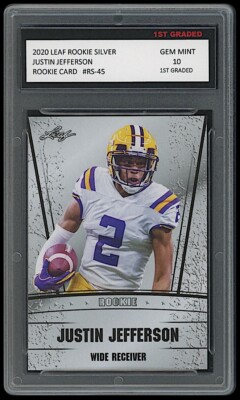 justin jefferson graded card JUSTIN JEFFERSON 2020 / '20 LEAF ROOKIE SILVER 1ST GRADED 10 ROOKIE CARD  VIKINGS