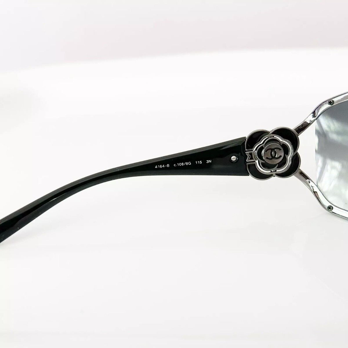 CHANEL Camellia Crystal Logo Black Shield Sunglasses Made in