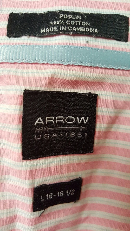 Arrow Mens Shirt Size L Large 16/16.5 Pink Blue White Striped - Image 2 of 3