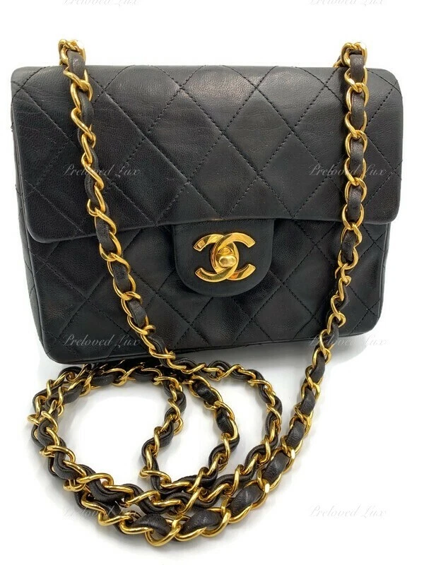 Chanel Mini Square Flap Bag Black Lambskin Light Gold Hardware