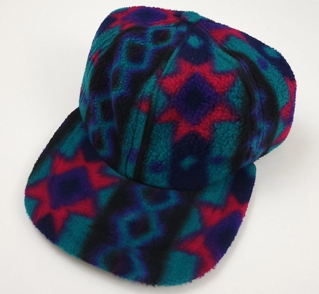 Vintage 90s New England Cap Co MEWS Multicolor Pattern Fleece Hat USA Polartec