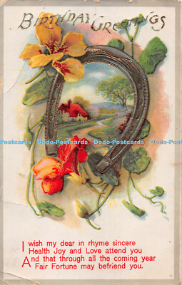 R287346 Birthday Greetings Horseshoe I wish my dear in rhyme sincere Health Joy