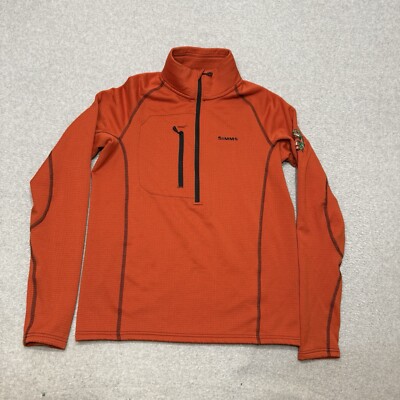 Simms Sweater Mens Small Orange Grid Pullover Waffle Fleece Midlayer Hiking