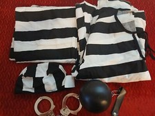DELUXE PRISON INMATE JAILBIRD HALLOWEEN COSTUME OUTFIT - ADULT XL - NEW EXTRAS