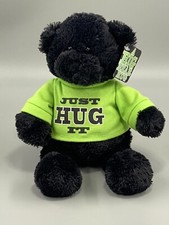 GUND 12  Just Hug It Black Teddy Bear W/ Green Shirt Stuffed Animal Toy RARE