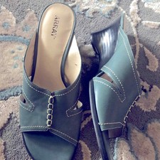Array dusty turquoise blue leather slide heel...