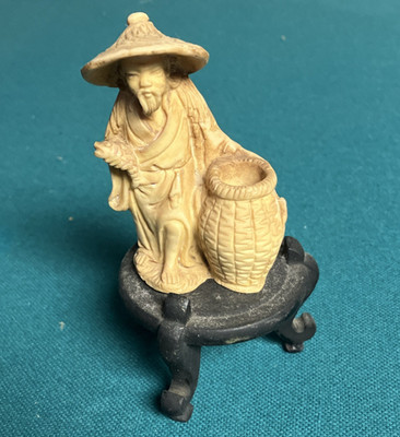 Japanese Netsuke Fisherman Figurine with Basket and Hat, Handmade, 3.5 Inch 
