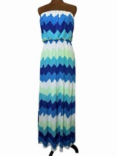 Voll Dress Women’s Medium Large Boho Blue Green Zig Zag Strapless Stretchy Maxi