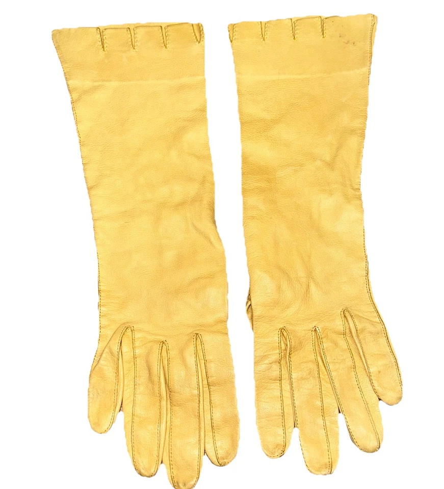 Guantes largos de ópera vintage de cuero amarillo para niños con diseño Kay Fuchs de los años 50 6 1/4 Foto 3 de 4
