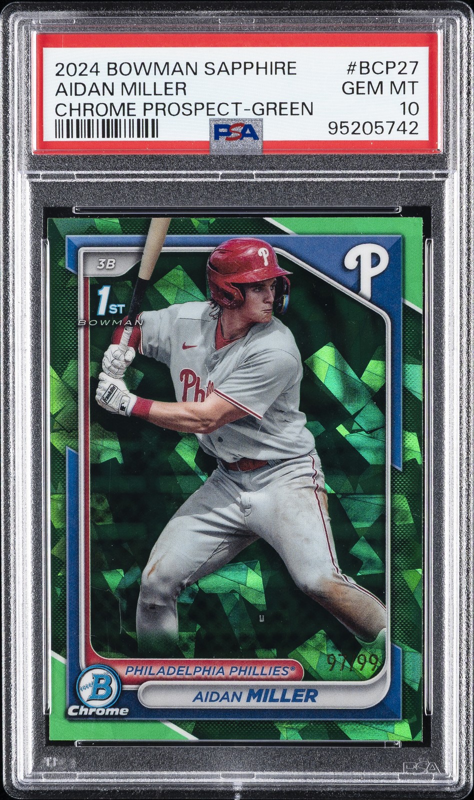2024 BOWMAN SAPPHIRE ED CHROME PROSPECTS GREEN #BCP27 AIDAN MILLER 97/99 PSA 10