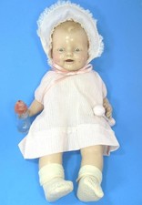  EIH Horsman Baby Dimples 17" 1930 Adorable Doll w/ Antique Clothes, Bottle, Toy