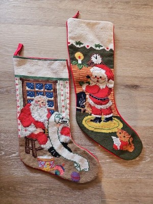 Vintage Imperial Elegance Wool Needlepoint Christmas Stocking Lot Of 2 Santa Toy