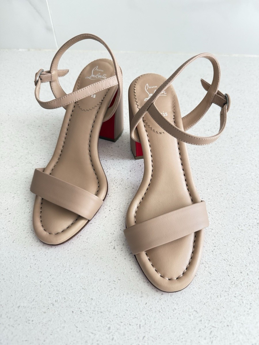 Christian Louboutin Miss Sabina Nude Leather Block Heel Sandals EU