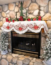 Embroidered Holiday Large Poinsettia Cut Work Mantle Scarf 19" X 90"