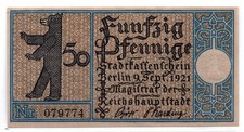 1921 Germany Berlin Notgeld 50 Pfennig Note (3373)