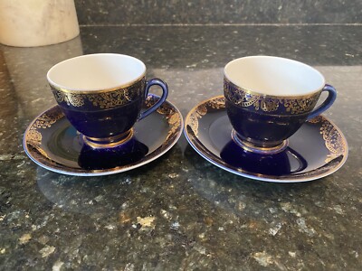 Vintage lomonosov LFZ Blue Cobalt & Gold Porcelain. Tea Cups & Saucers. Set Of 2
