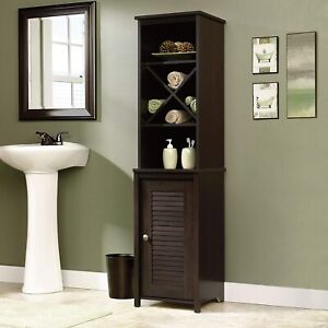 Tall Linen Cabinet Tower Cubby Bathroom Shelf W Door Bath Towel Storage Display Ebay