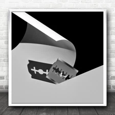 Black And White Concept Razor Blade Slice Paper Square Wall Art Print