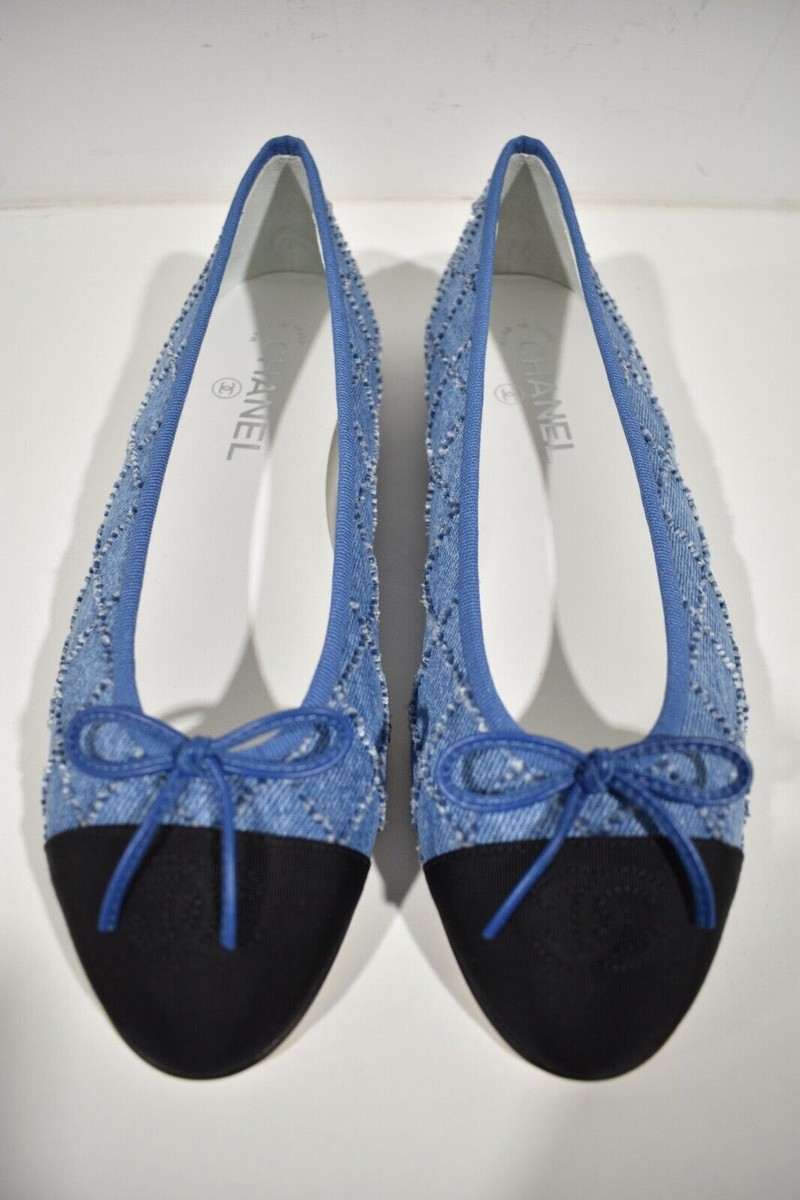 Chanel 23P Denim Blue Black CC Logo Cap Toe Bow Tie Ballet