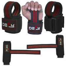 DEFY SPORTS™ Weight Lifting Power Straps Wrist Support Black With Red Stripes