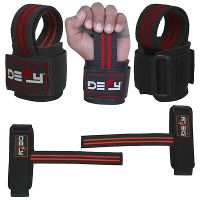 DEFY SPORTS™ Weight Lifting Power Straps Wrist Support Black With Red Stripes