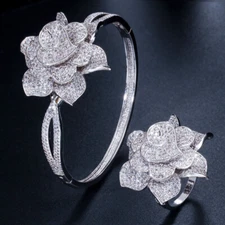 Brilliant Silver Plated Heart Cubic Zircon Women Flower Bangle Ring Jewelry Set