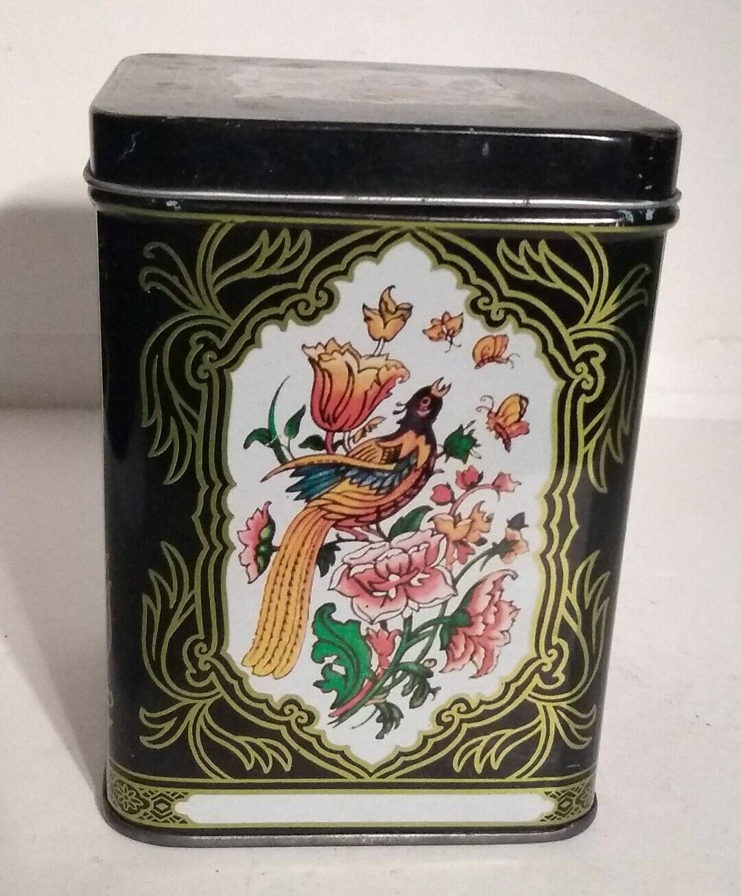 Vintage Metal Tin Container Black Floral & Birds Pretty 4.75" tall 3.25" square