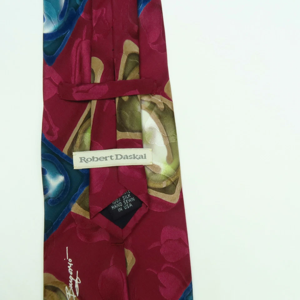 Corbata para hombre Robert Daskal abstracta geométrica floral 58"x4" azul rojo dorado Foto 3 de 4