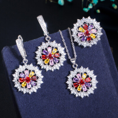 Fashion Multicolor CZ Round Sun Flower Pendant Necklace Earring Ring Jewelry Set
