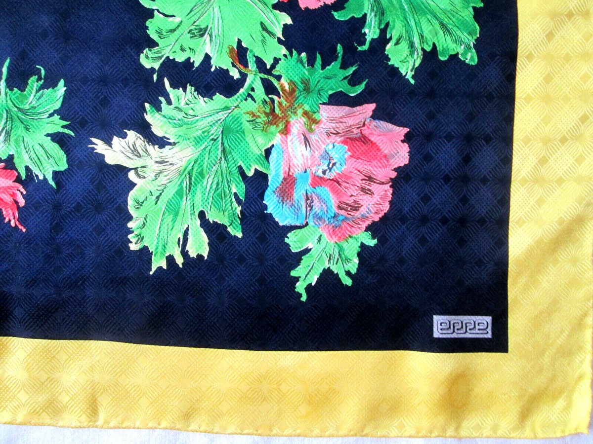 Foulard Soie ERRE Vintage 87x87 Cm Bord Bleu - Occasion, 100% Soie