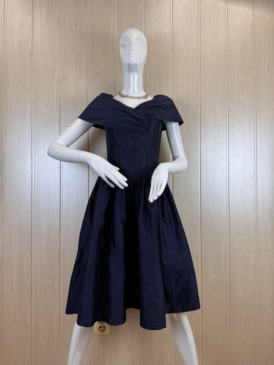 Vintage 1980s Laura Ashley Silk Dress Navy Size