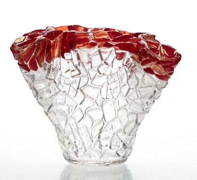 Fused Ice Glass Ruby Rim Clear Handkerchief Vase Crackle Unique 5.5x8in 2lbs