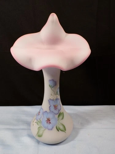 Fenton Blue Burmese Glass Hand Painted Jack in the Pulpit Vase - Blue Flowers