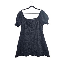 7 For All Mankind Mini Dress XL Black Boho Floral Eyelet Puff Sleeve Square Neck