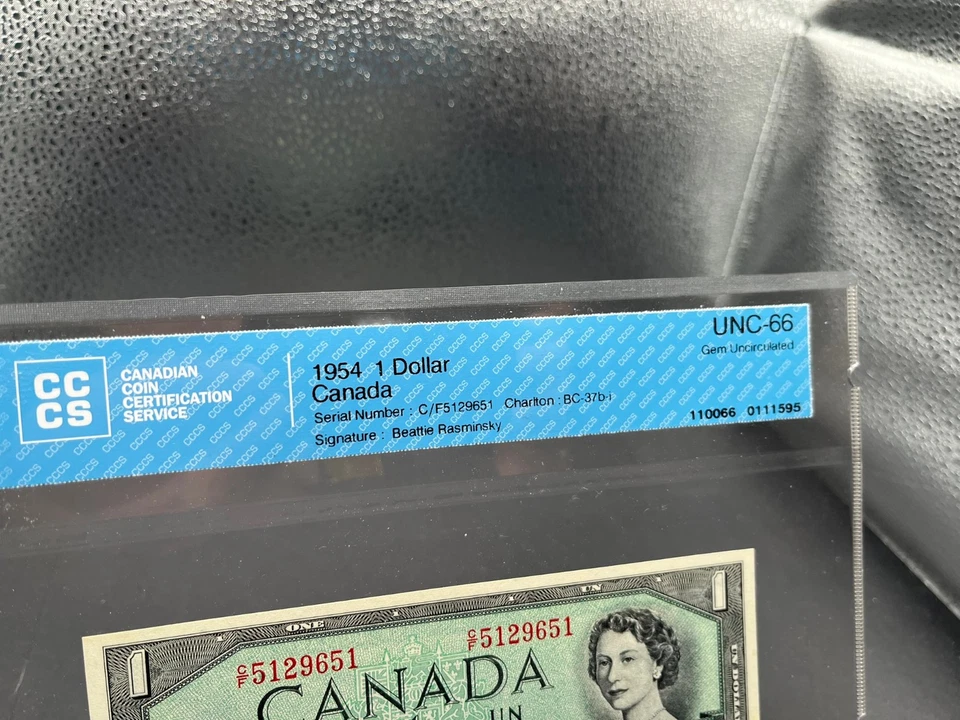 1954 Bank of Canada $1 Modified Bank Note CCCS Graded GEM UNC-66 SN# CF5129651 - Image 3 of 4