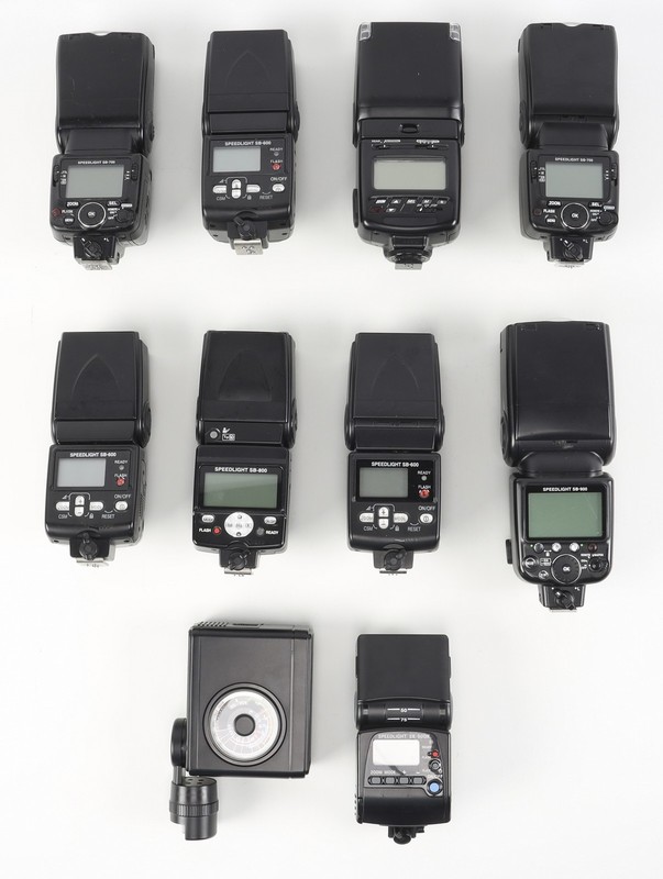Lot of (10) Nikon Brand Shoe Mount Flashes for Various Camera Models