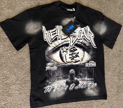Hellstar Men's Black Cotton Graphic Print Distressed Jersey T-Shirt Size M