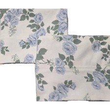Set of 2 White Flannel Pillowcases W/ Blue Flowers Green Leaves 20 X 32 S/Q