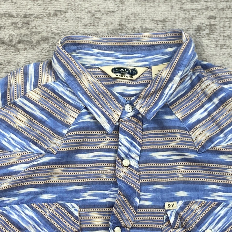 盐谷西部阿兹特克纽扣衬衫 XL 蓝色白色牛仔珍珠扣全印花 — 第 3/4 张图片