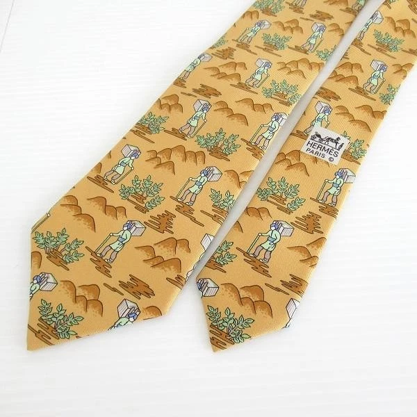 Corbata HERMES Amarillo Marrón Seda Logo vendedor de Japón N0211 46 Hecha en Francia Foto 2 de 4