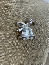 Vtg Estate Napier Holiday  Bells Pin Signed Silver Tone Crystal Beads