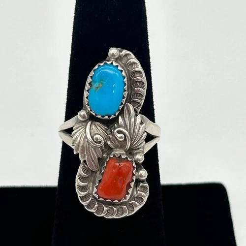 Vintage Navajo Sterling Silver Turquoise & Red Coral Leaf Design Ring Size 7
