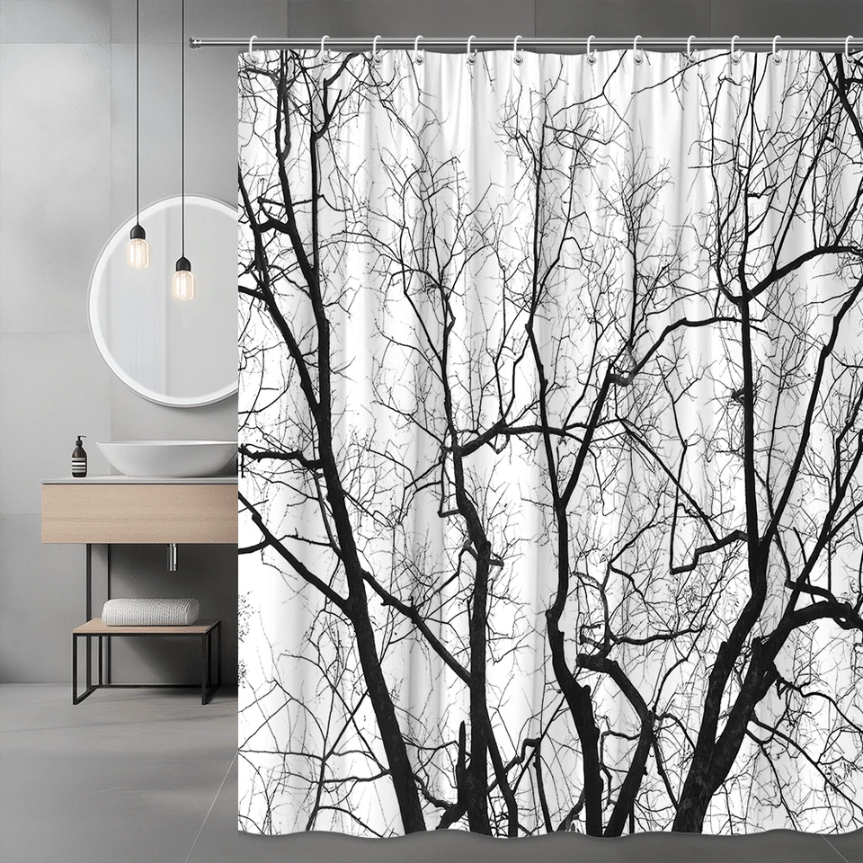 Black Tree Branch Silhouette Shower Curtain, Modern Minimalist Bathroom Decor - Image 2 of 4