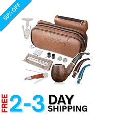 Wood Pipe Set Leather Pouch 8 Accessories Smokers Gift Box Convenient Brown
