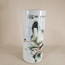 Hand Painted Vintage Chinese Porcelain Vase Brush Pot With Seal  Verso 11" X 5"