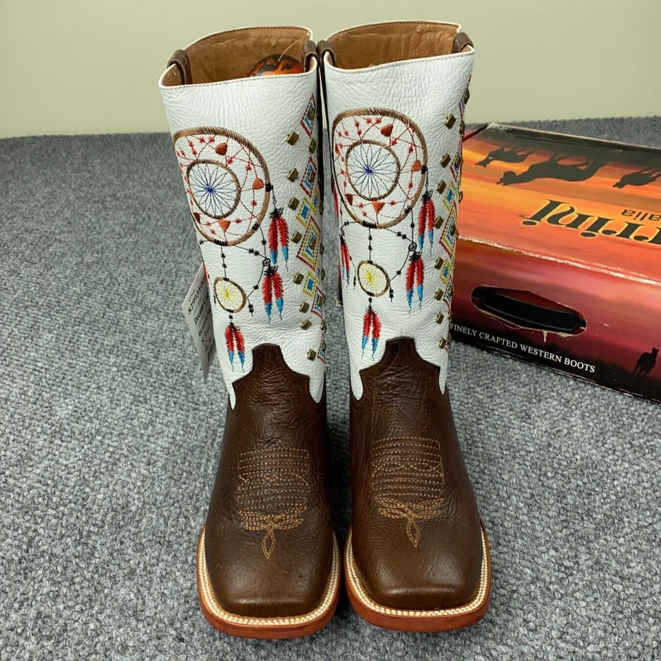 Botas Ferrini Mujer Talla 9.5 Blanco Marrón Atrapasueños Vaquera Cuero Tachonado Foto 2 de 4