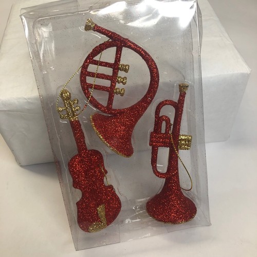 Kurt Adler 3 Musical Instrument Ornaments Red Glitter Violin Horn ...